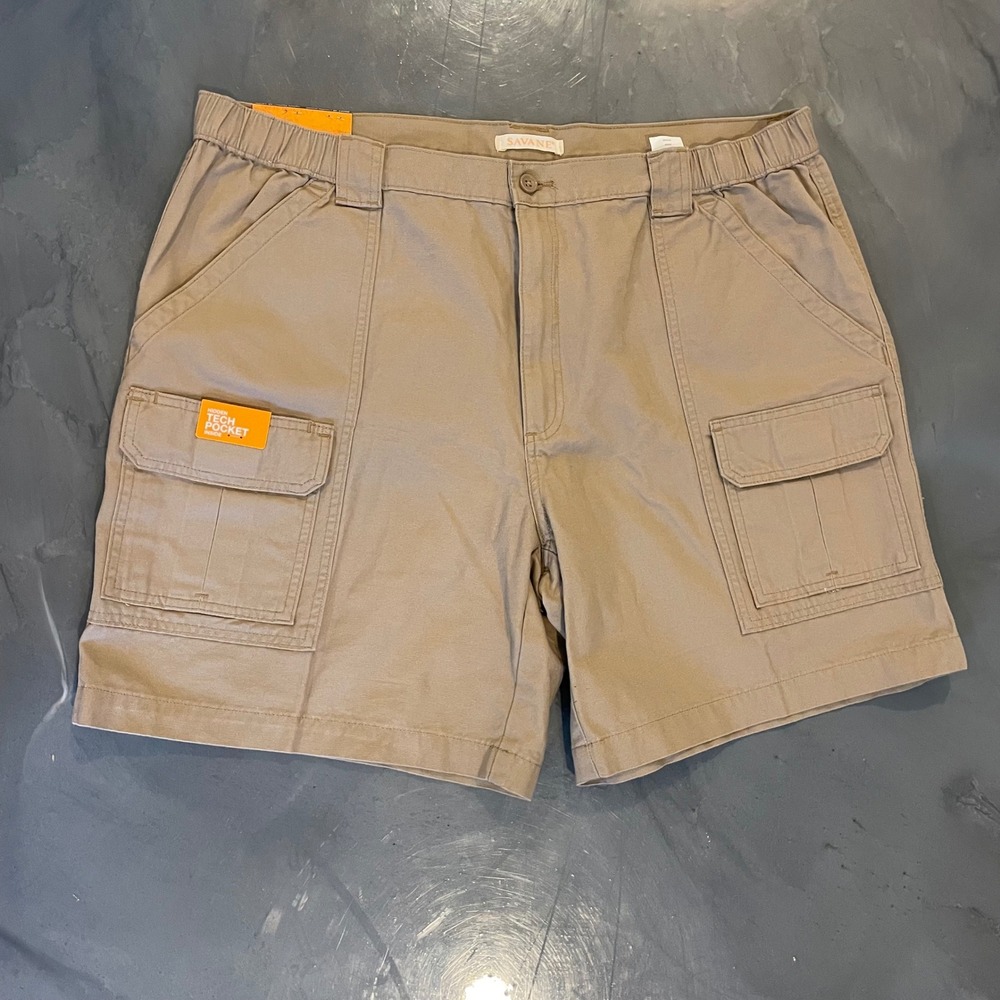 Savane Mens Hiking Cargo Shorts Khaki Tan Size 40 UPF 30 Hidden Tech Pocket NWT